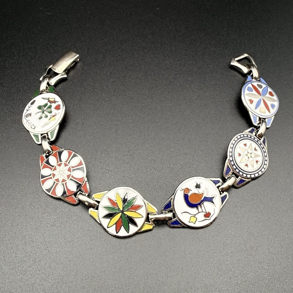 Vintage Hoffman Pennsylvania Dutch Hex Sign Enamel Link Bracelet 1950s Folk Art
